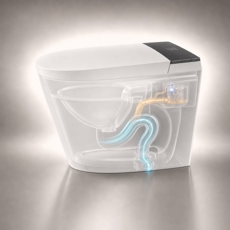 Cutaway of the toilet showing the built-in urine analysis module