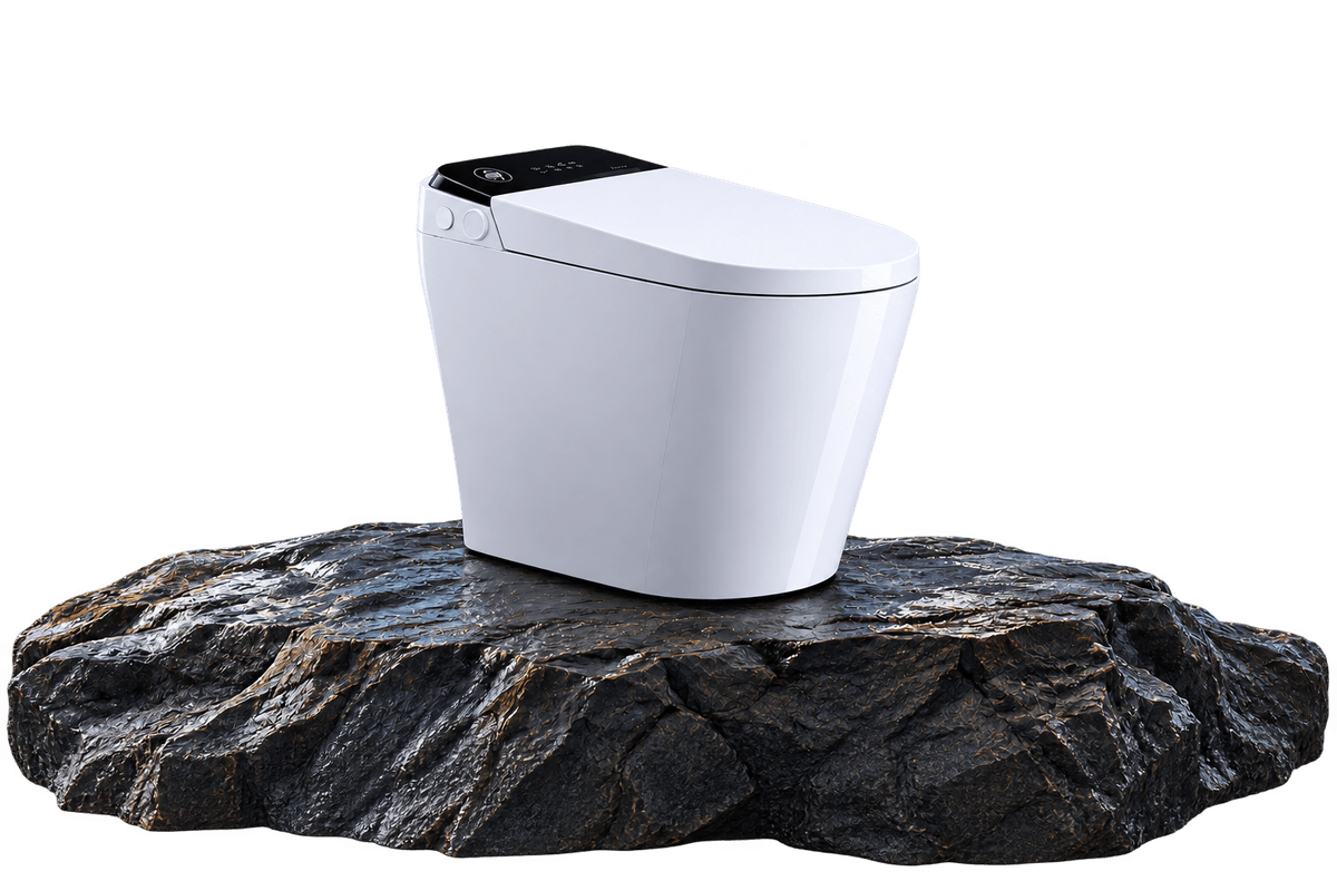 First Principle smart toilet resting on a rock